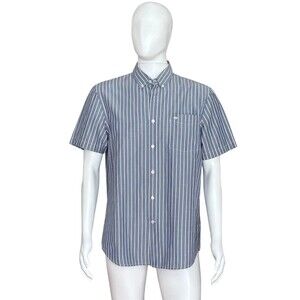 Dockers Button Up Shirt Men's L Gray White Striped Short Sleeve Pocket